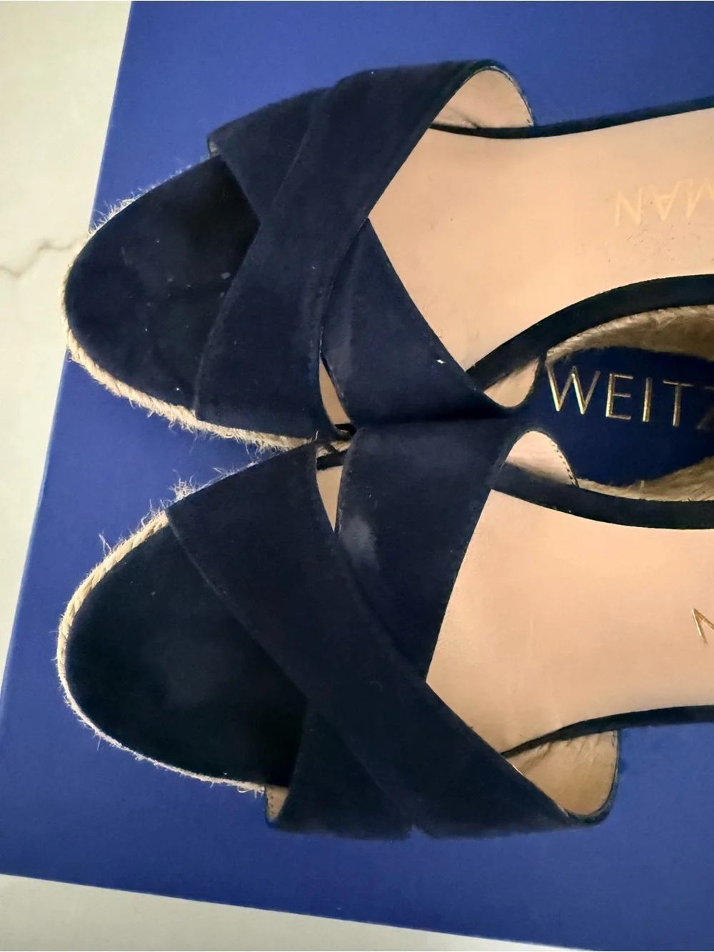 Stuart Weitzman Navy Suede Crisscross Ankle‑Strap Espadrille Wedges